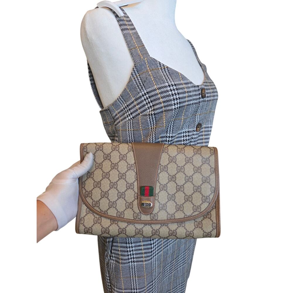 Gucci GG Supreme Clutch Bag Monogram Canvas Brown Leather Vintage Ophidia - Picture 2 of 15